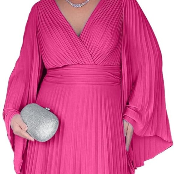 Chiffon Mother of The Bride Dress Wedding V Neck Long Sleeve Pleated Sz 20 - Picture 2 of 3